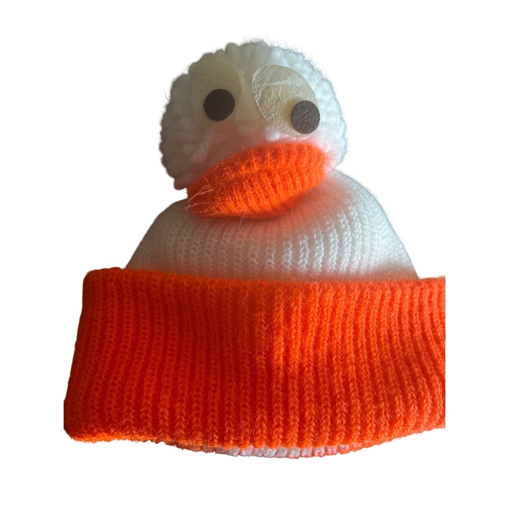 Handmade Knit Duck Beanie 70s White Orange Googly Eyes Pom Pom Kids Winter Hat